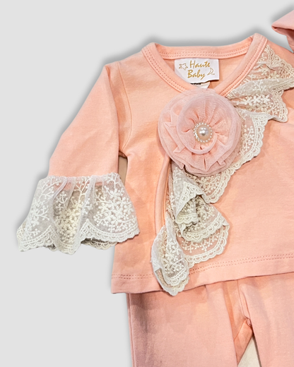 peach baby outfit Expressions Boutique NY, lace baby girl set, boutique newborn clothing, baby shower gift set, ruffle sleeve infant outfit, elegant baby outfit with hat