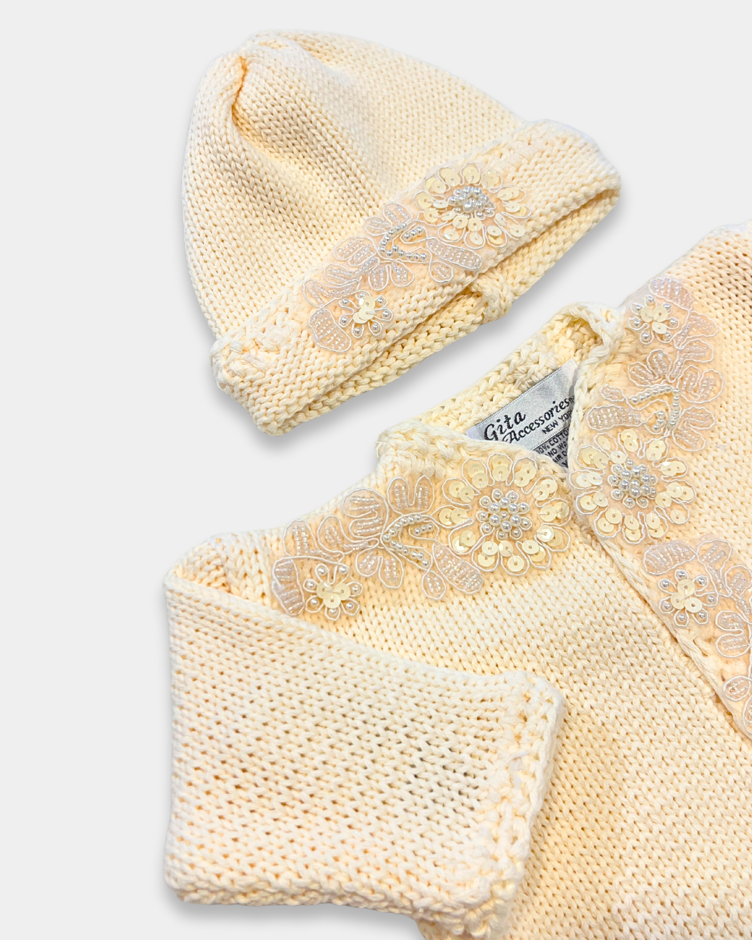 boutique baby girl sweater hat set, ivory sequin baby girl knitwear, pink cotton baby sweater set, baby girl knit cardigan Expressions Boutique NY, christening baby girl outfit boutique, heirloom knit sweater set for baby, luxury newborn knitwear girls, sequin flower baby girl outfit, boutique baby shower gift girl, matching baby blanket and sweater set