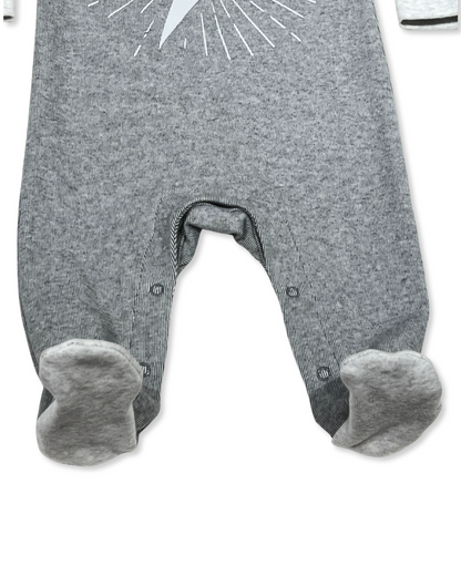 Grey Lightning Bolt Footie, Expressions Boutique, Women and childrens boutique, Woodbury, grey baby footie, baby boy lightning sleeper, boutique baby romper, infant footed one piece, soft cotton baby pajamas, newborn boy sleepsuit, snap closure baby outfit, modern baby boy footie, baby shower boy gift, lightning print baby romper