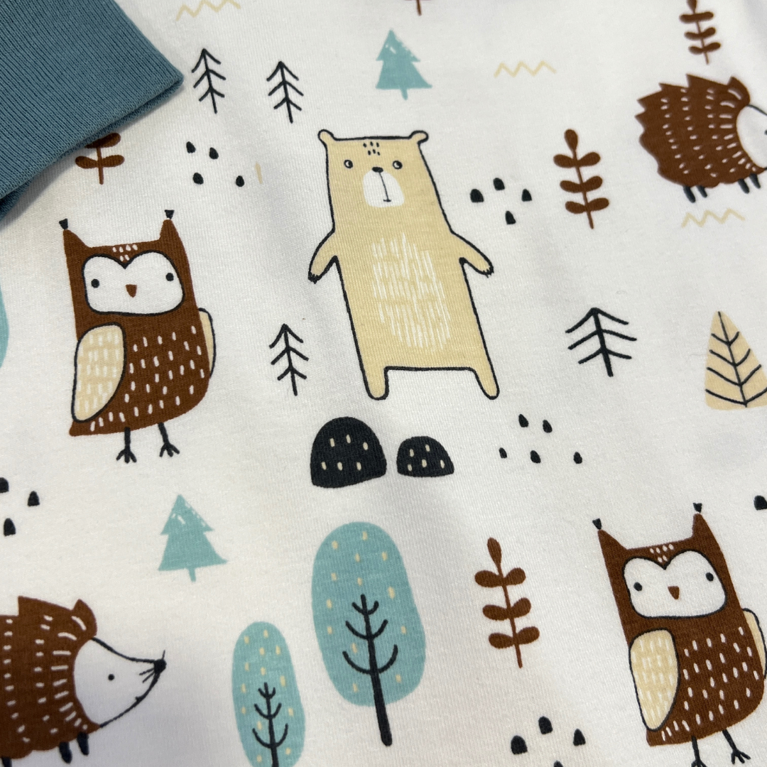 woodland baby romper, forest animal baby outfit, cream and green romper set, baby boy henley romper, infant woodland print sleeper, newborn forest theme outfit, baby romper with hat, cozy fall baby clothes, boutique baby boy gift set, cute animal print romper