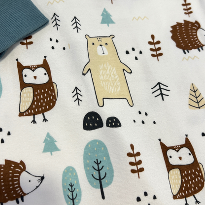 woodland baby romper, forest animal baby outfit, cream and green romper set, baby boy henley romper, infant woodland print sleeper, newborn forest theme outfit, baby romper with hat, cozy fall baby clothes, boutique baby boy gift set, cute animal print romper