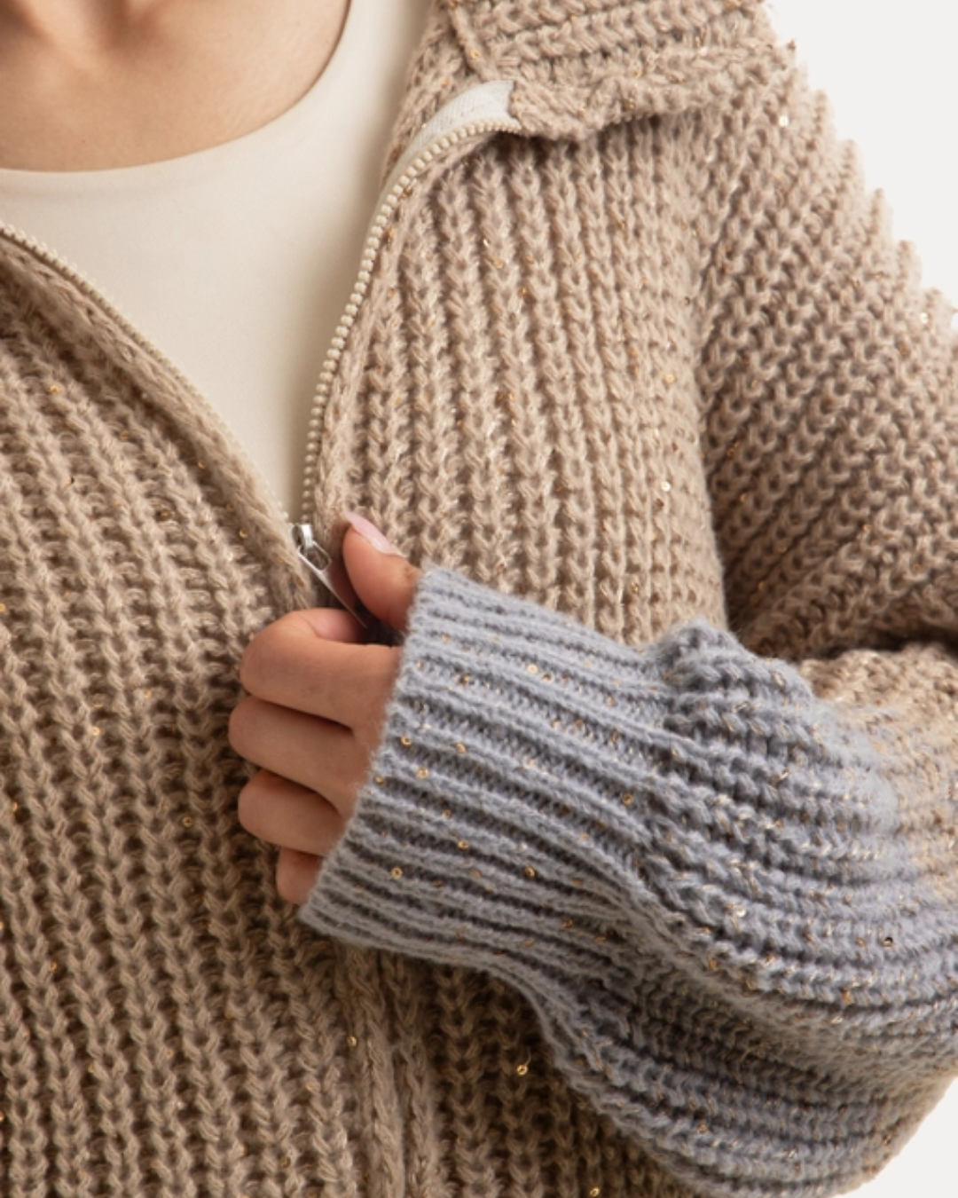 Grey & Taupe Zip Up Sequin Sweater