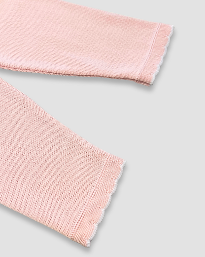 boutique baby knit outfit Expressions Boutique NY, pink embroidered baby sweater set, soft cotton knit baby clothes, floral baby girl outfit delicate trim, heirloom knit two piece baby set breathable cotton