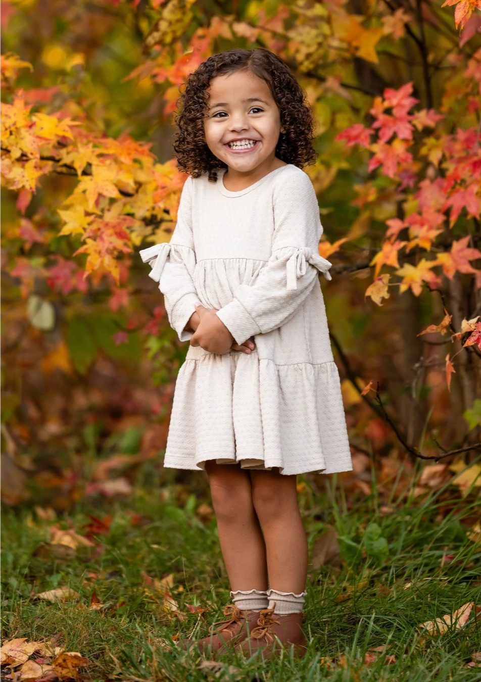 cinnamon sugar baby dress, toddler girl fall dress, boutique girls dress, neutral baby girl outfit, textured knit dress, long sleeve toddler dress, baby shower gift outfit, little girls holiday dress, boutique fall clothing, soft neutral girls fashion, back to school, pre-k clothing