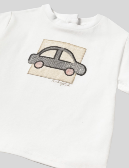 2pc White Tee w Car Applique w Charcoal Shorts