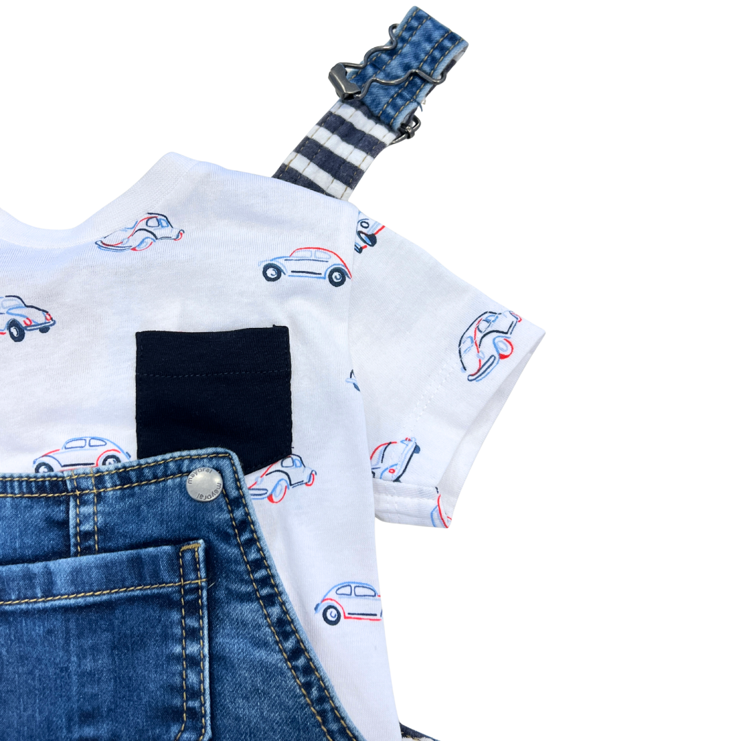 2pc white tee w cars & denim romper