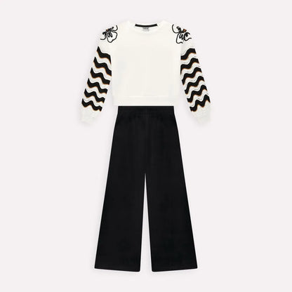 girls boutique 2pc outfit, off-white embroidered top with pants, girls wide-leg black pants set, stylish kids clothing set, girls party outfit boutique, embroidered sleeve top with pants, chic toddler girls outfit, boutique fashion girls clothes, special occasion girls outfit, modern girls boutique set