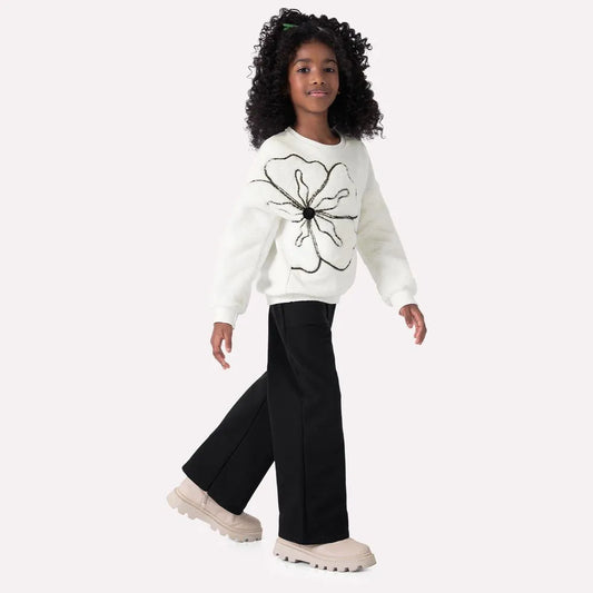 girls 2pc outfit boutique, off-white flower applique top, black wide-leg pants set girls, chic girls outfit boutique style, girls embroidered flower top set, trendy toddler girls clothing set, stylish black and white outfit girls, girls fashion boutique outfit, modern girls party outfit, unique statement outfit for girls