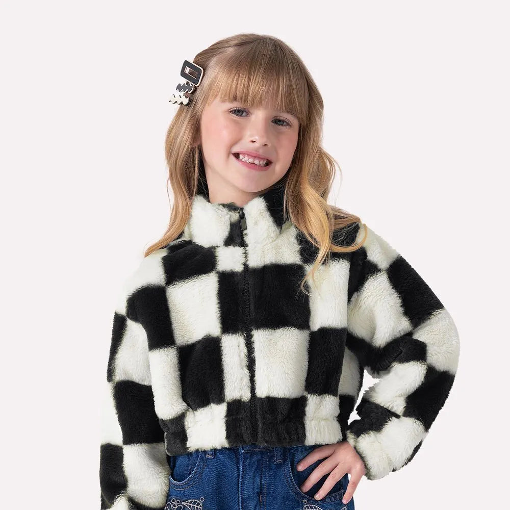 girls checkered faux fur jacket, black and white plush jacket, boutique girls winter coat, girls trendy outerwear, stylish kids faux fur coat, girls zip-up checkered jacket, boutique faux fur jacket kids, black and white cozy jacket, statement jacket for girls, trendy toddler winter jacket