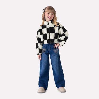 girls checkered faux fur jacket, black and white plush jacket, boutique girls winter coat, girls trendy outerwear, stylish kids faux fur coat, girls zip-up checkered jacket, boutique faux fur jacket kids, black and white cozy jacket, statement jacket for girls, trendy toddler winter jacket