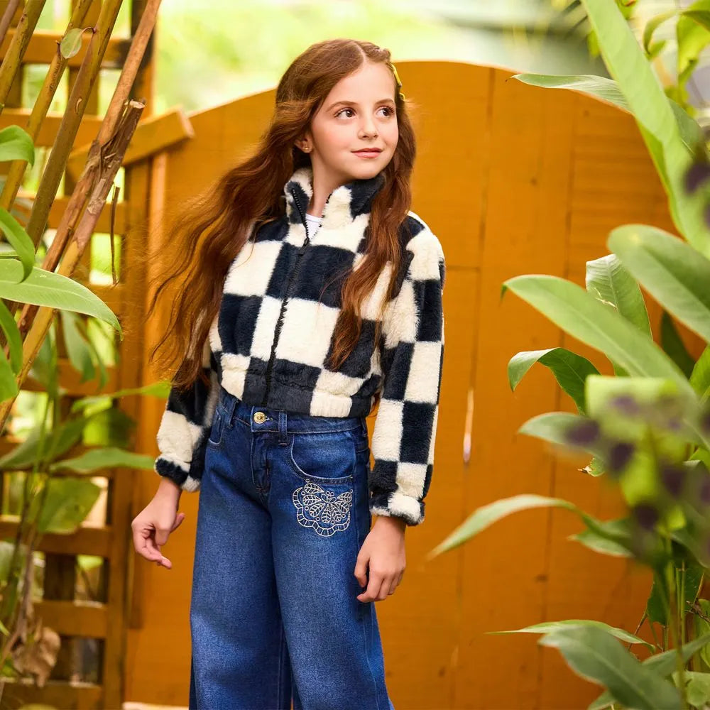 girls checkered faux fur jacket, black and white plush jacket, boutique girls winter coat, girls trendy outerwear, stylish kids faux fur coat, girls zip-up checkered jacket, boutique faux fur jacket kids, black and white cozy jacket, statement jacket for girls, trendy toddler winter jacket
