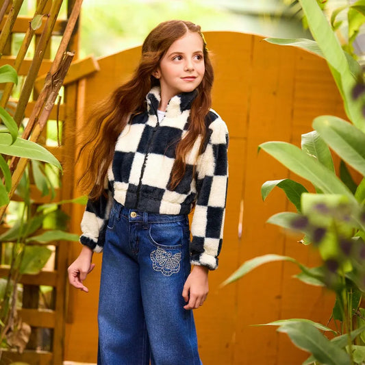 girls checkered faux fur jacket, black and white plush jacket, boutique girls winter coat, girls trendy outerwear, stylish kids faux fur coat, girls zip-up checkered jacket, boutique faux fur jacket kids, black and white cozy jacket, statement jacket for girls, trendy toddler winter jacket