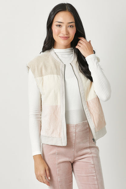 mystree ivory color block vest, mixed media vest, sherpa back vest, boutique outerwear women, blush cream ivory vest, corduroy layering vest, transitional women’s vest, trendy sleeveless outerwear, boutique sherpa jacket vest, neutral color block vest