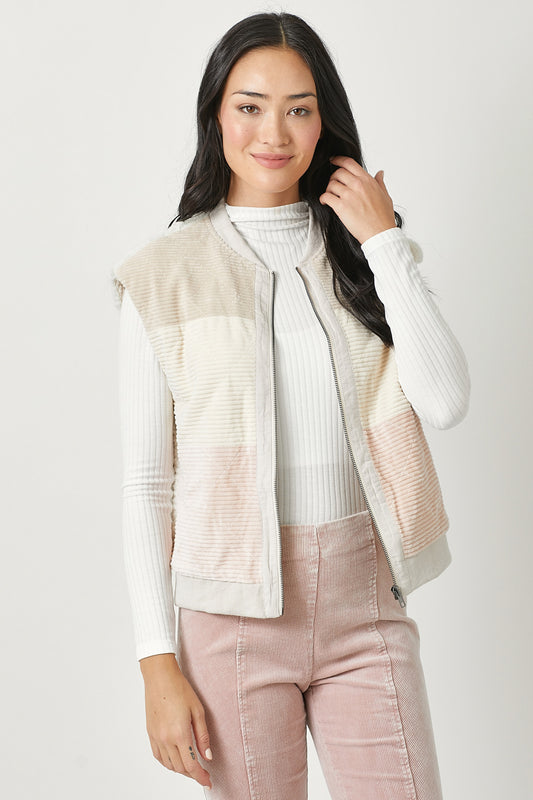 mystree ivory color block vest, mixed media vest, sherpa back vest, boutique outerwear women, blush cream ivory vest, corduroy layering vest, transitional women’s vest, trendy sleeveless outerwear, boutique sherpa jacket vest, neutral color block vest