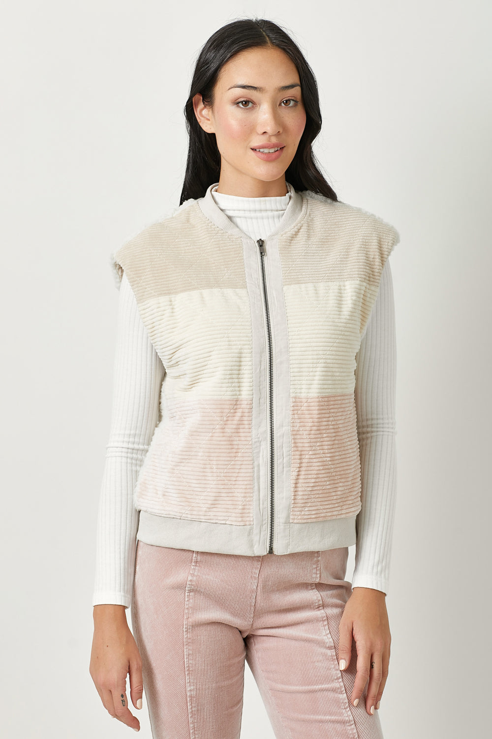 mystree ivory color block vest, mixed media vest, sherpa back vest, boutique outerwear women, blush cream ivory vest, corduroy layering vest, transitional women’s vest, trendy sleeveless outerwear, boutique sherpa jacket vest, neutral color block vest