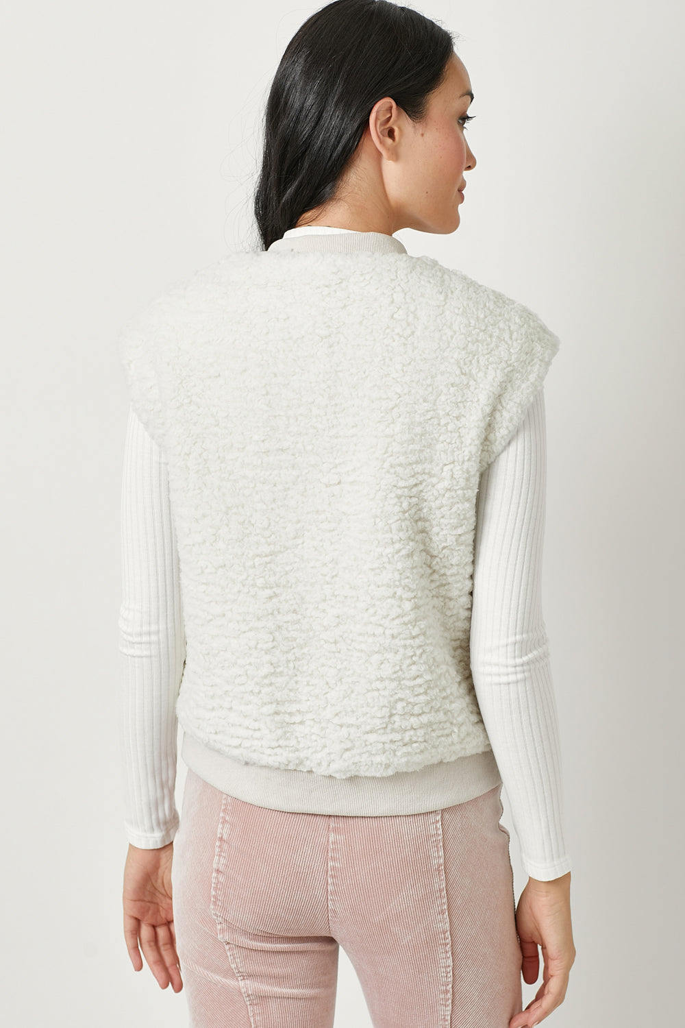 mystree ivory color block vest, mixed media vest, sherpa back vest, boutique outerwear women, blush cream ivory vest, corduroy layering vest, transitional women’s vest, trendy sleeveless outerwear, boutique sherpa jacket vest, neutral color block vest