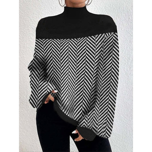 black high neck sweater, chevron stripe sweater, oversized knit sweater women, boutique black stripe sweater, split hem pullover sweater, chic winter sweater top, casual elegant knitwear, trendy high neck knit, black and white statement sweater, cozy fall winter sweater