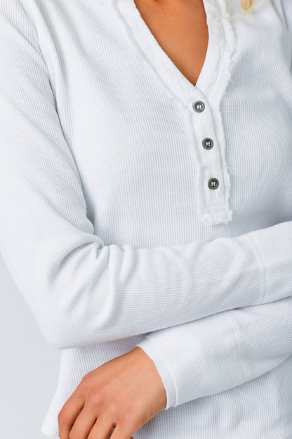off white henley top, thermal knit henley, boutique casual tops, women’s off white henley, everyday layering top, raw edge neckline henley, button front long sleeve top, boutique thermal henley shirt, chic casual basics, cozy lightweight henley