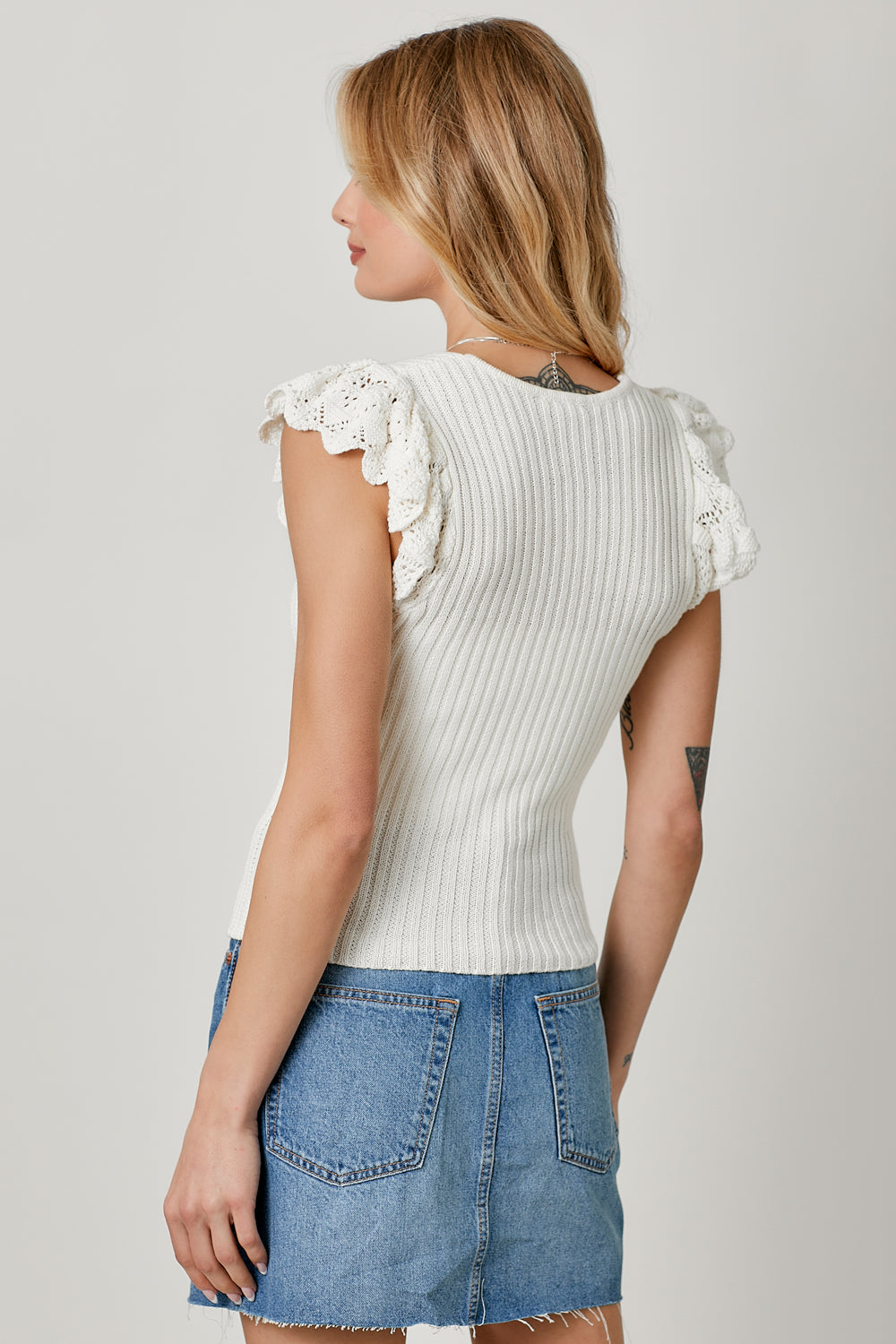 Off White Flutter Crochet Sleeve Sweater