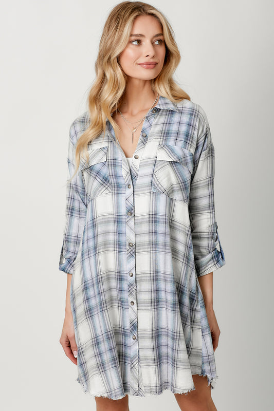 Rolled Up Sleeve Washed Plaid Dress