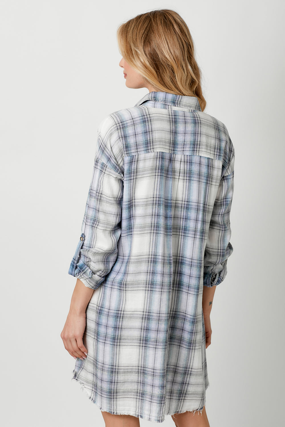 Rolled Up Sleeve Washed Plaid Dress