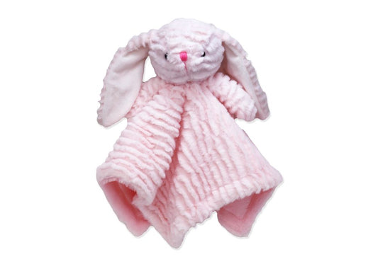 pink bunny security blanket, plush baby lovey girl, baby snuggle blankie, newborn bunny comforter, soft plush bunny blanket, pink infant lovey toy, boutique baby shower gift, bunny blankie comfort toy, baby girl security blankie, plush cuddle bunny gift