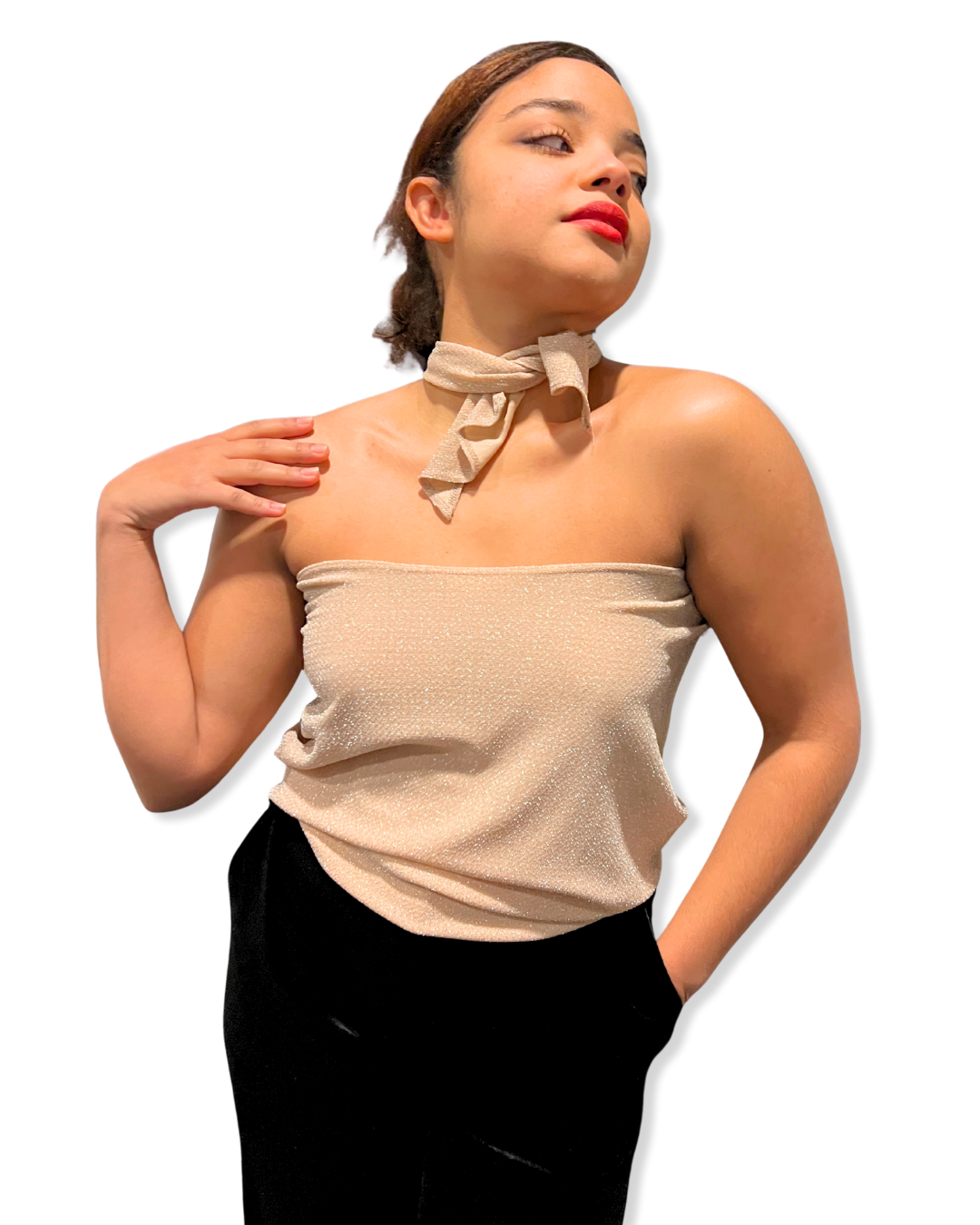 shimmer halter Expressions Boutique NY, versatile metallic top, tie back halter shimmer, women’s holiday party halter, metallic evening top