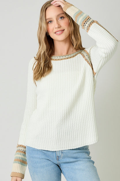 raglan sleeve sweater, ivory waffle knit sweater, crochet trim knit top, boutique ivory sweater, striped cuff sweater, textured knit pullover, cozy chic fall sweater, ivory long sleeve knit, crochet detail women’s sweater, everyday casual knitwear
