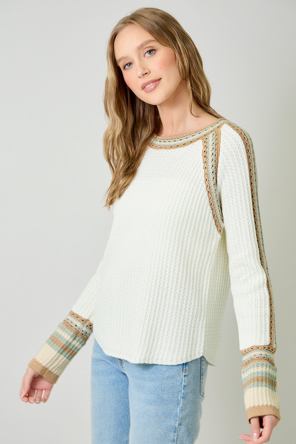 raglan sleeve sweater, ivory waffle knit sweater, crochet trim knit top, boutique ivory sweater, striped cuff sweater, textured knit pullover, cozy chic fall sweater, ivory long sleeve knit, crochet detail women’s sweater, everyday casual knitwear