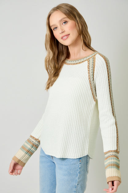 raglan sleeve sweater, ivory waffle knit sweater, crochet trim knit top, boutique ivory sweater, striped cuff sweater, textured knit pullover, cozy chic fall sweater, ivory long sleeve knit, crochet detail women’s sweater, everyday casual knitwear