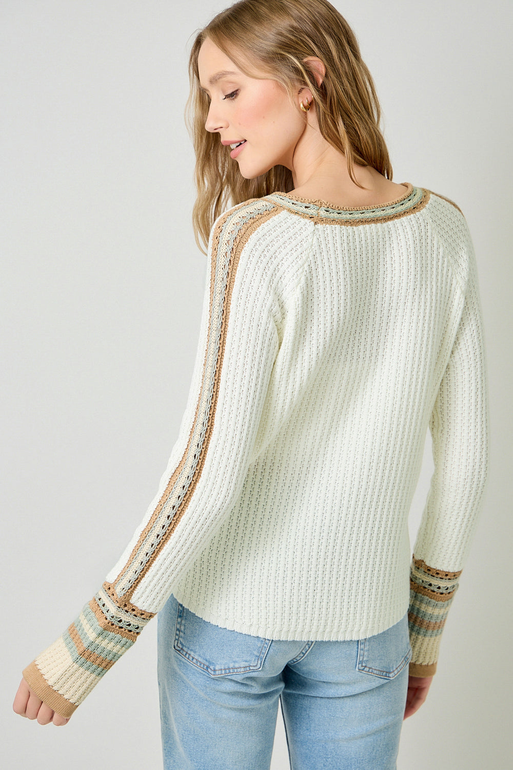 raglan sleeve sweater, ivory waffle knit sweater, crochet trim knit top, boutique ivory sweater, striped cuff sweater, textured knit pullover, cozy chic fall sweater, ivory long sleeve knit, crochet detail women’s sweater, everyday casual knitwear