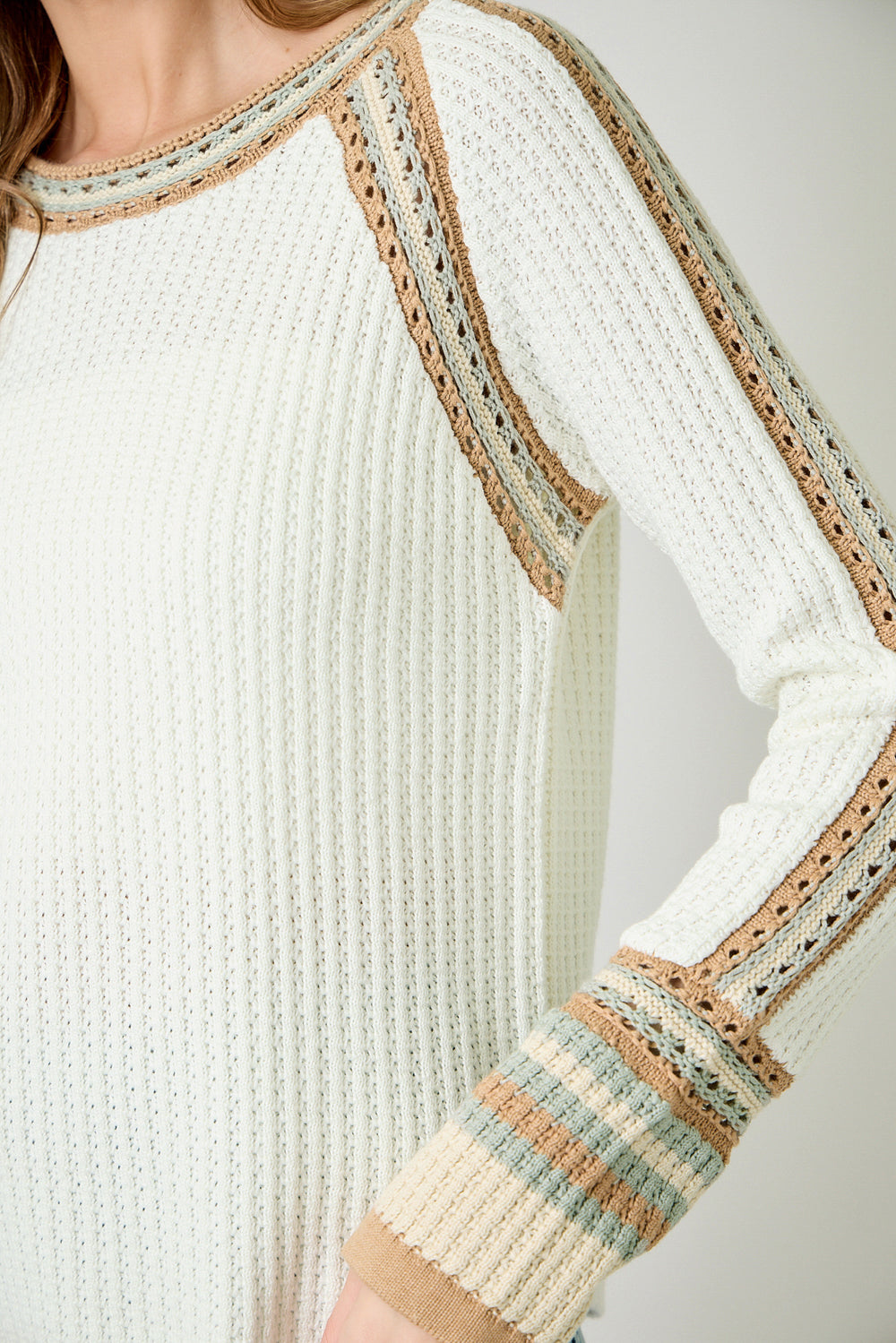 raglan sleeve sweater, ivory waffle knit sweater, crochet trim knit top, boutique ivory sweater, striped cuff sweater, textured knit pullover, cozy chic fall sweater, ivory long sleeve knit, crochet detail women’s sweater, everyday casual knitwear