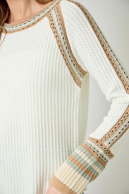 raglan sleeve sweater, ivory waffle knit sweater, crochet trim knit top, boutique ivory sweater, striped cuff sweater, textured knit pullover, cozy chic fall sweater, ivory long sleeve knit, crochet detail women’s sweater, everyday casual knitwear