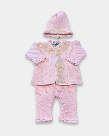 boutique baby girl sweater hat set, ivory sequin baby girl knitwear, pink cotton baby sweater set, baby girl knit cardigan Expressions Boutique NY, christening baby girl outfit boutique, heirloom knit sweater set for baby, luxury newborn knitwear girls, sequin flower baby girl outfit, boutique baby shower gift girl, matching baby blanket and sweater set