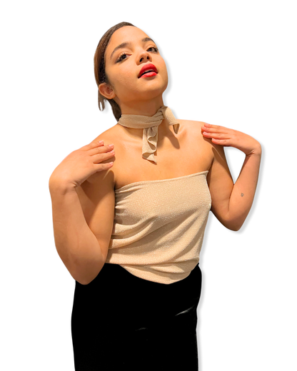 shimmer halter Expressions Boutique NY, versatile metallic top, tie back halter shimmer, women’s holiday party halter, metallic evening top