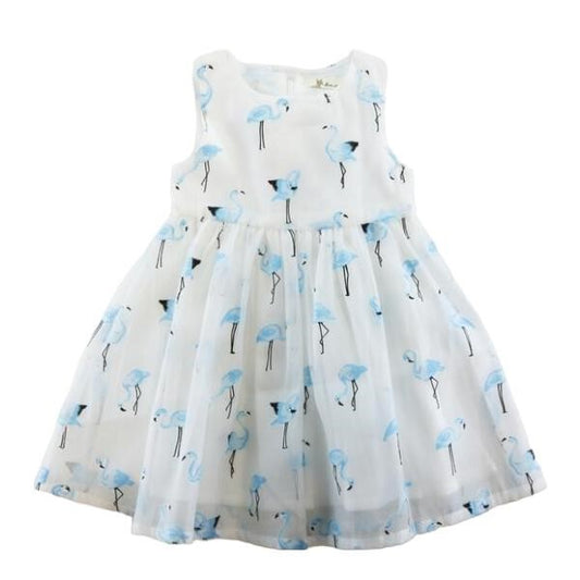 White Dress w Blue Flamingos and Bow Detail on Back