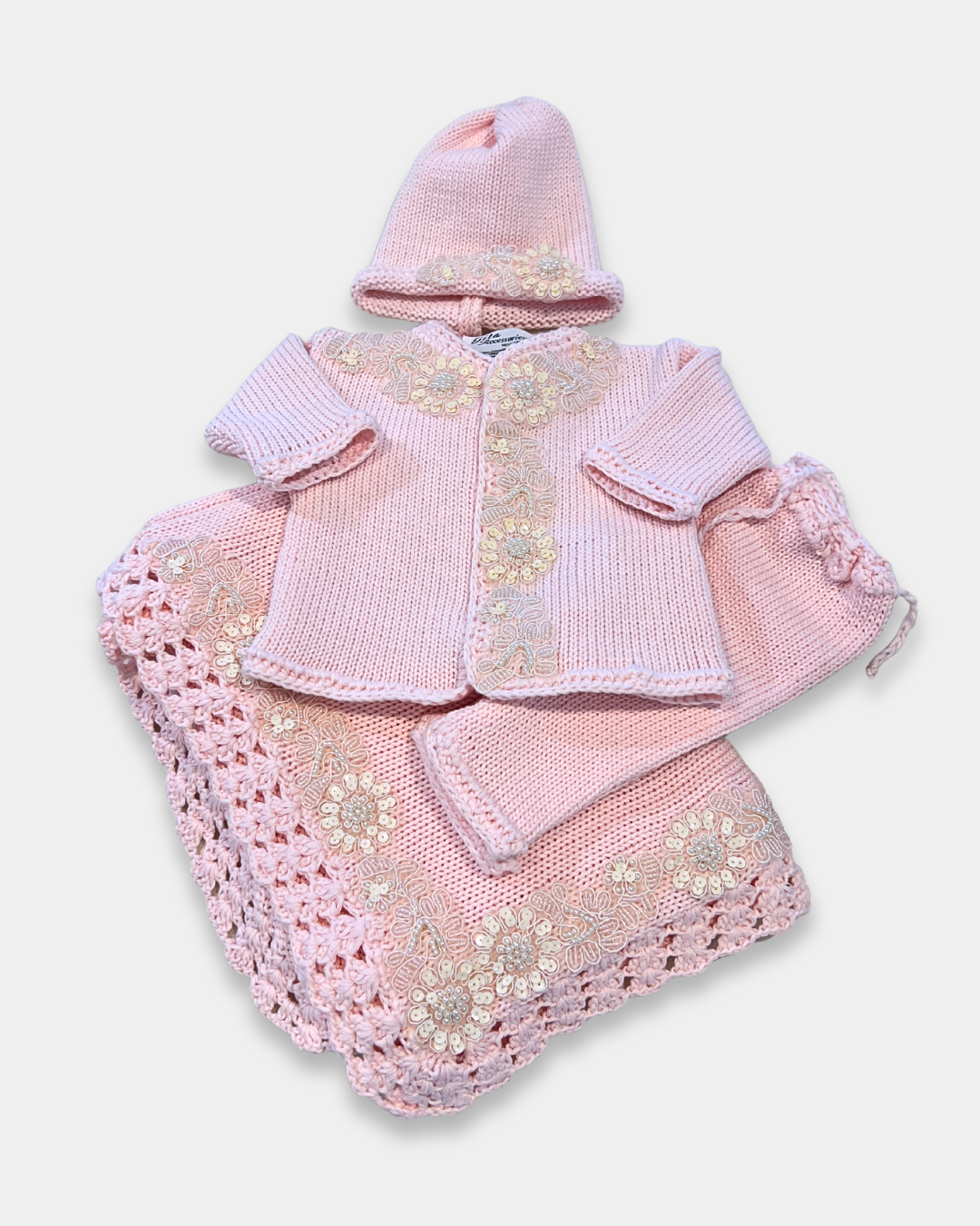 boutique baby girl sweater hat set, ivory sequin baby girl knitwear, pink cotton baby sweater set, baby girl knit cardigan Expressions Boutique NY, christening baby girl outfit boutique, heirloom knit sweater set for baby, luxury newborn knitwear girls, sequin flower baby girl outfit, boutique baby shower gift girl, matching baby blanket and sweater set