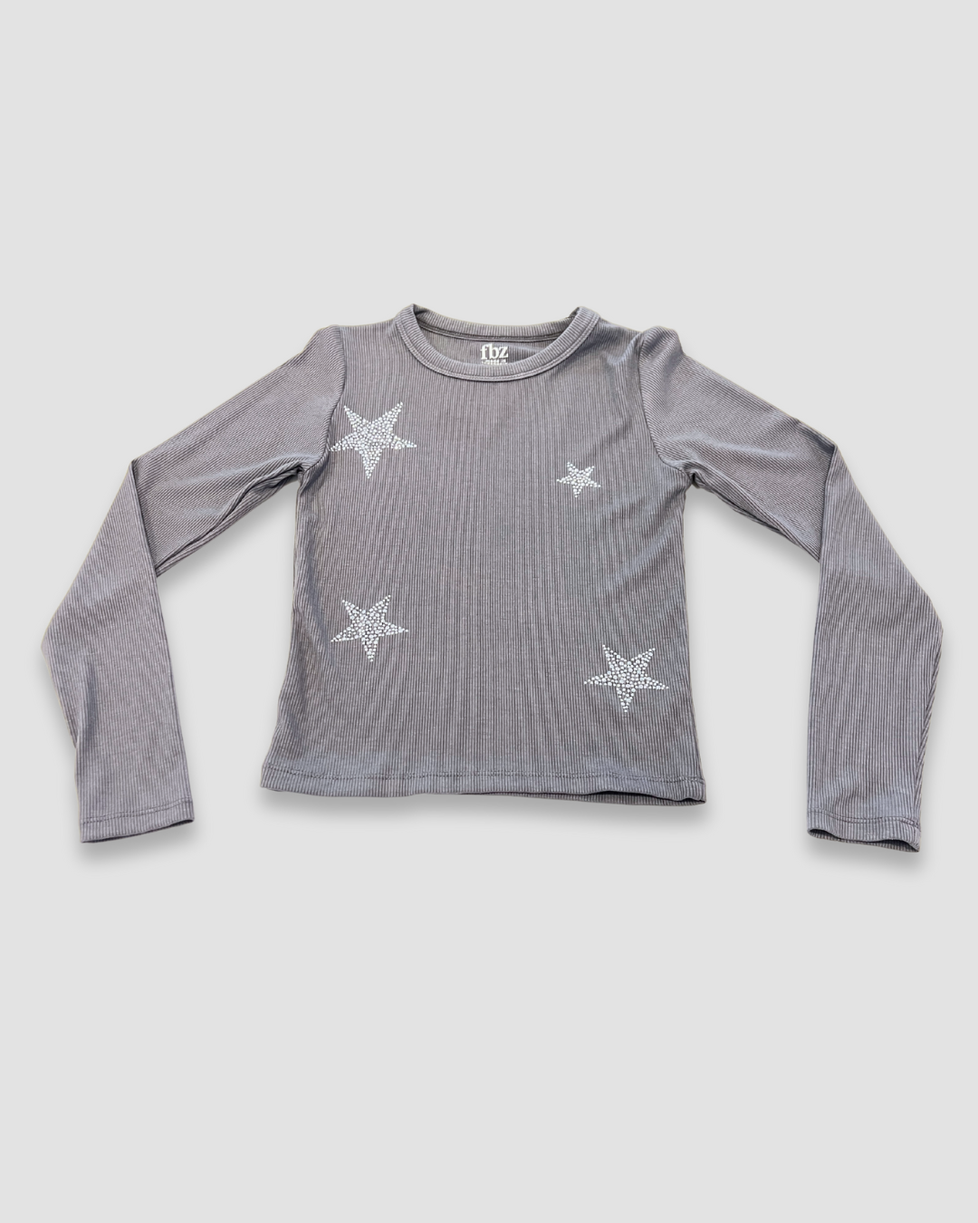 girls rhinestone star shirt Expressions Boutique NY, size 7 girls top, sparkle long sleeve kids shirt, boutique girls clothing NY, grey ribbed girls shirt, trendy kids fall outfit