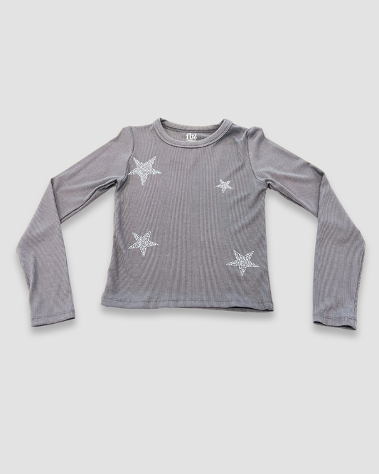 girls rhinestone star shirt Expressions Boutique NY, size 7 girls top, sparkle long sleeve kids shirt, boutique girls clothing NY, grey ribbed girls shirt, trendy kids fall outfit