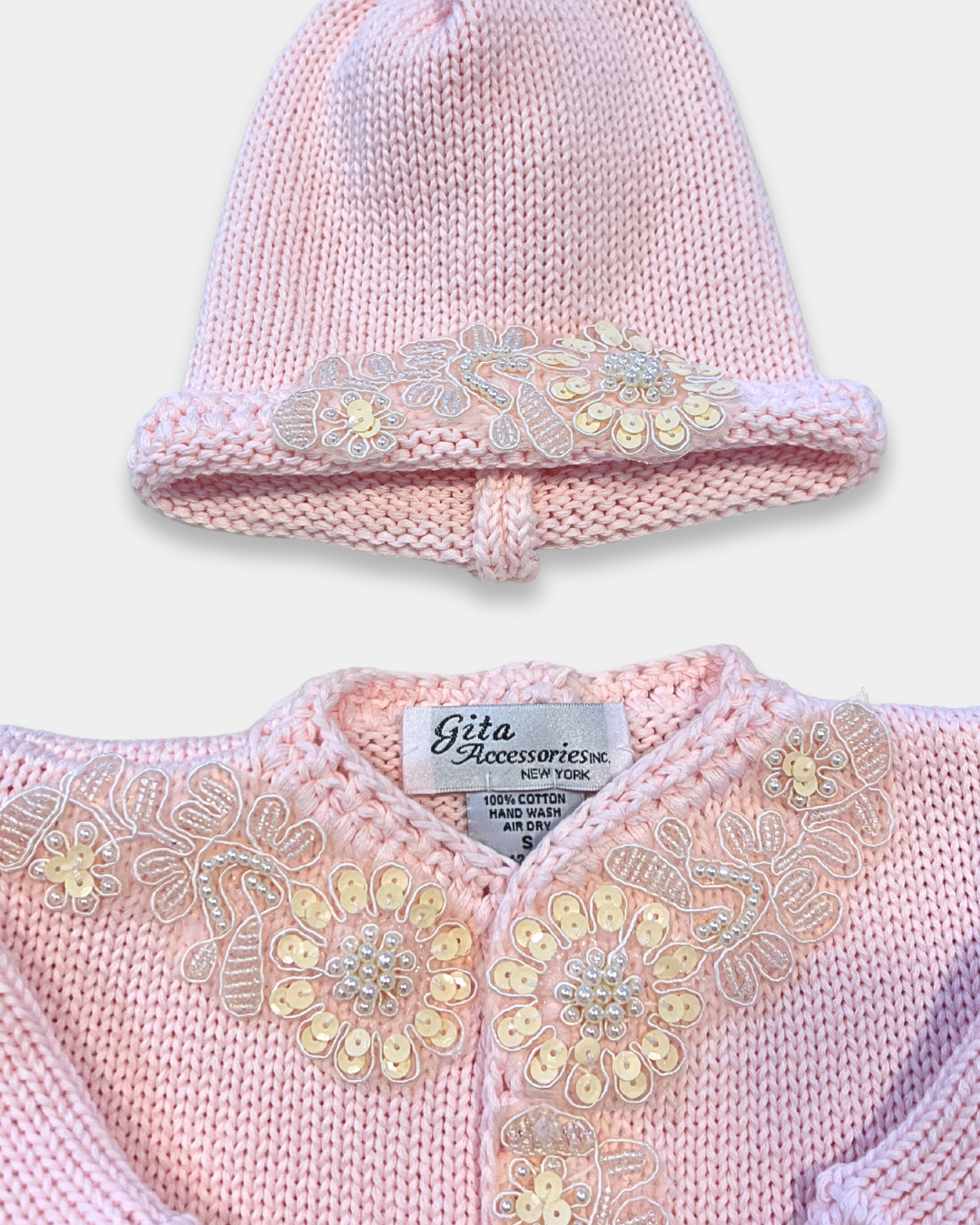 boutique baby girl sweater hat set, ivory sequin baby girl knitwear, pink cotton baby sweater set, baby girl knit cardigan Expressions Boutique NY, christening baby girl outfit boutique, heirloom knit sweater set for baby, luxury newborn knitwear girls, sequin flower baby girl outfit, boutique baby shower gift girl, matching baby blanket and sweater set