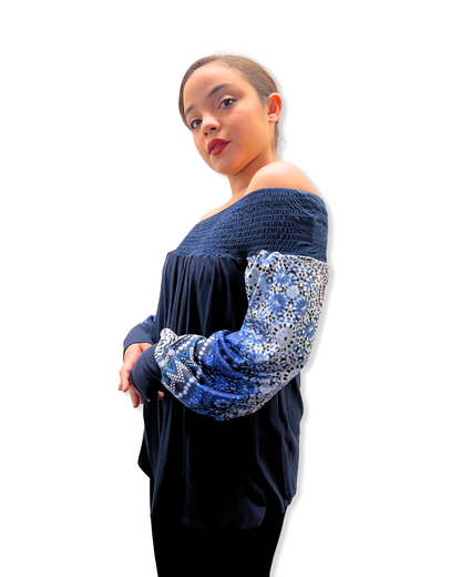 navy off shoulder top Expressions Boutique NY, boho printed sleeve blouse, multi print long sleeve top, women’s boutique off the shoulder shirt, fall fashion top
