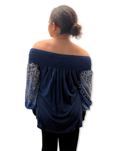 navy off shoulder top Expressions Boutique NY, boho printed sleeve blouse, multi print long sleeve top, women’s boutique off the shoulder shirt, fall fashion top