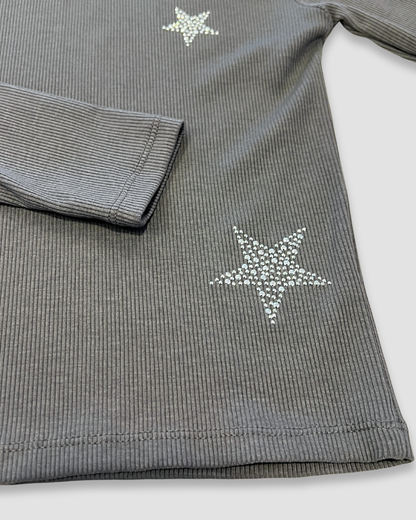 girls rhinestone star shirt Expressions Boutique NY, size 7 girls top, sparkle long sleeve kids shirt, boutique girls clothing NY, grey ribbed girls shirt, trendy kids fall outfit