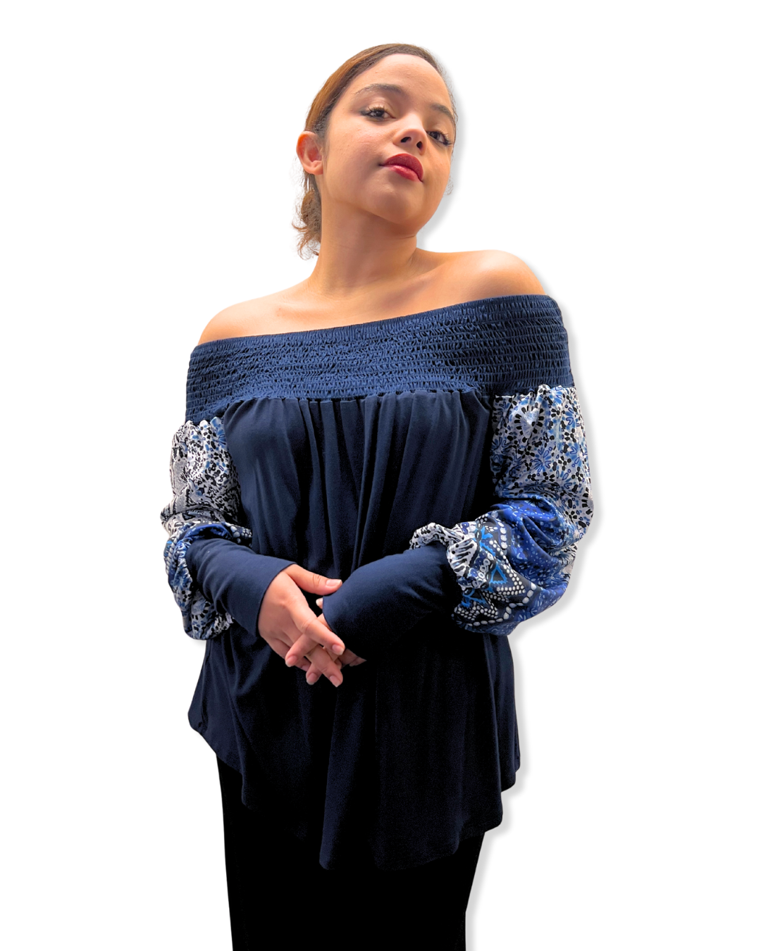 navy off shoulder top Expressions Boutique NY, boho printed sleeve blouse, multi print long sleeve top, women’s boutique off the shoulder shirt, fall fashion top