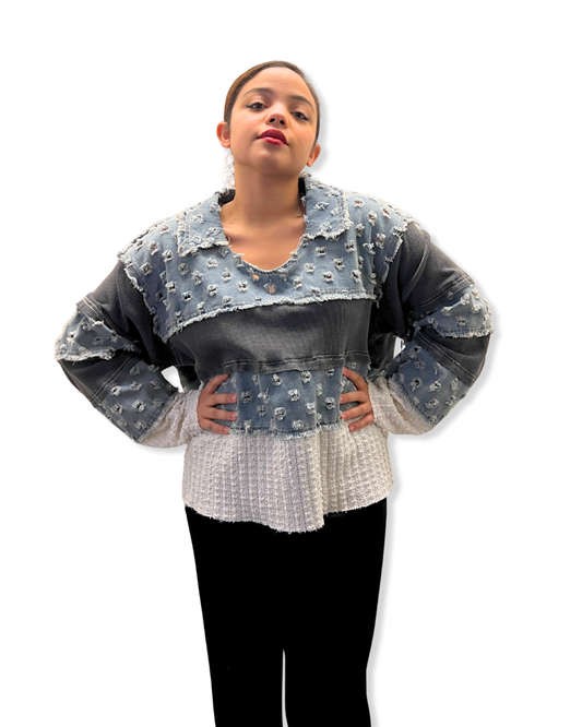 denim contrast top Expressions Boutique NY, light denim v neck top, mixed media denim sweater, women’s boutique patchwork top, casual street style pullover