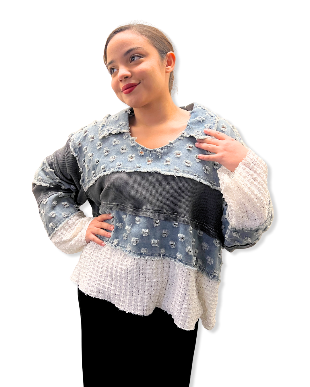 denim contrast top Expressions Boutique NY, light denim v neck top, mixed media denim sweater, women’s boutique patchwork top, casual street style pullover
