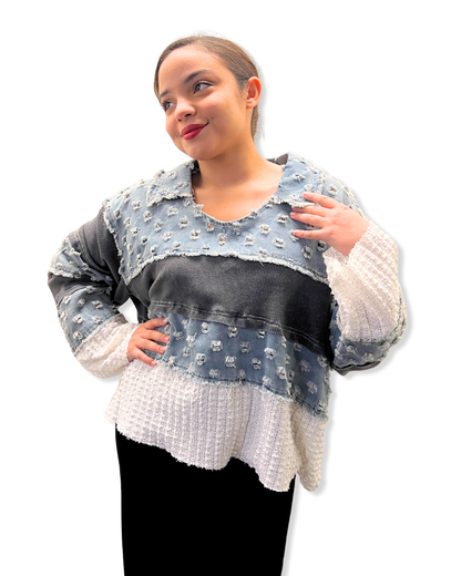 denim contrast top Expressions Boutique NY, light denim v neck top, mixed media denim sweater, women’s boutique patchwork top, casual street style pullover