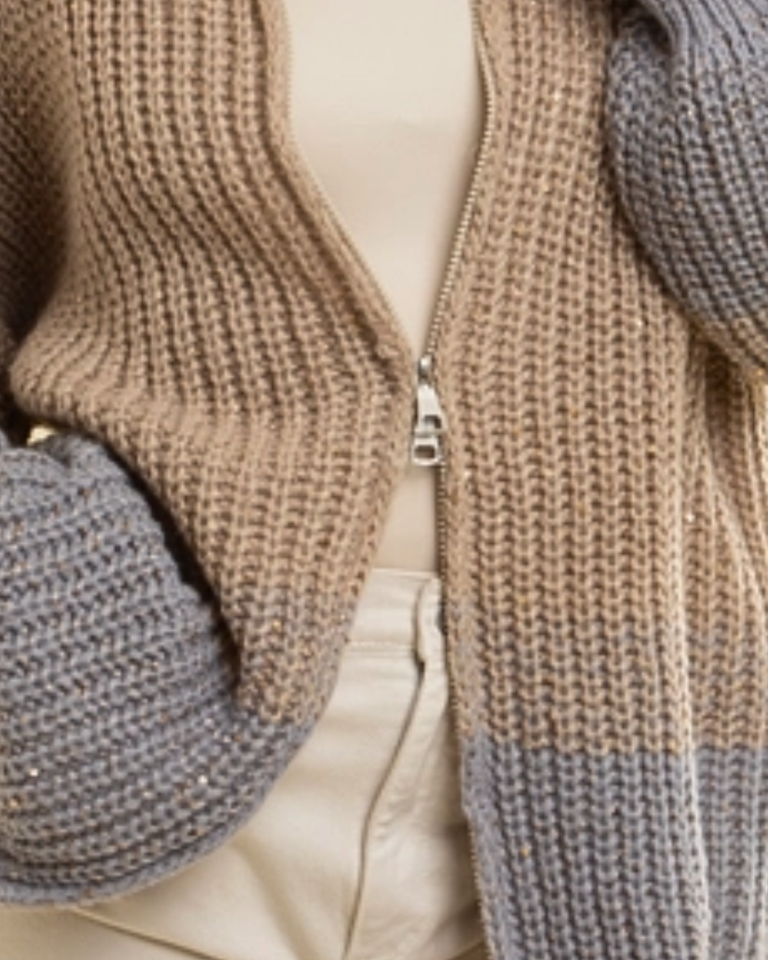 Grey & Taupe Zip Up Sequin Sweater