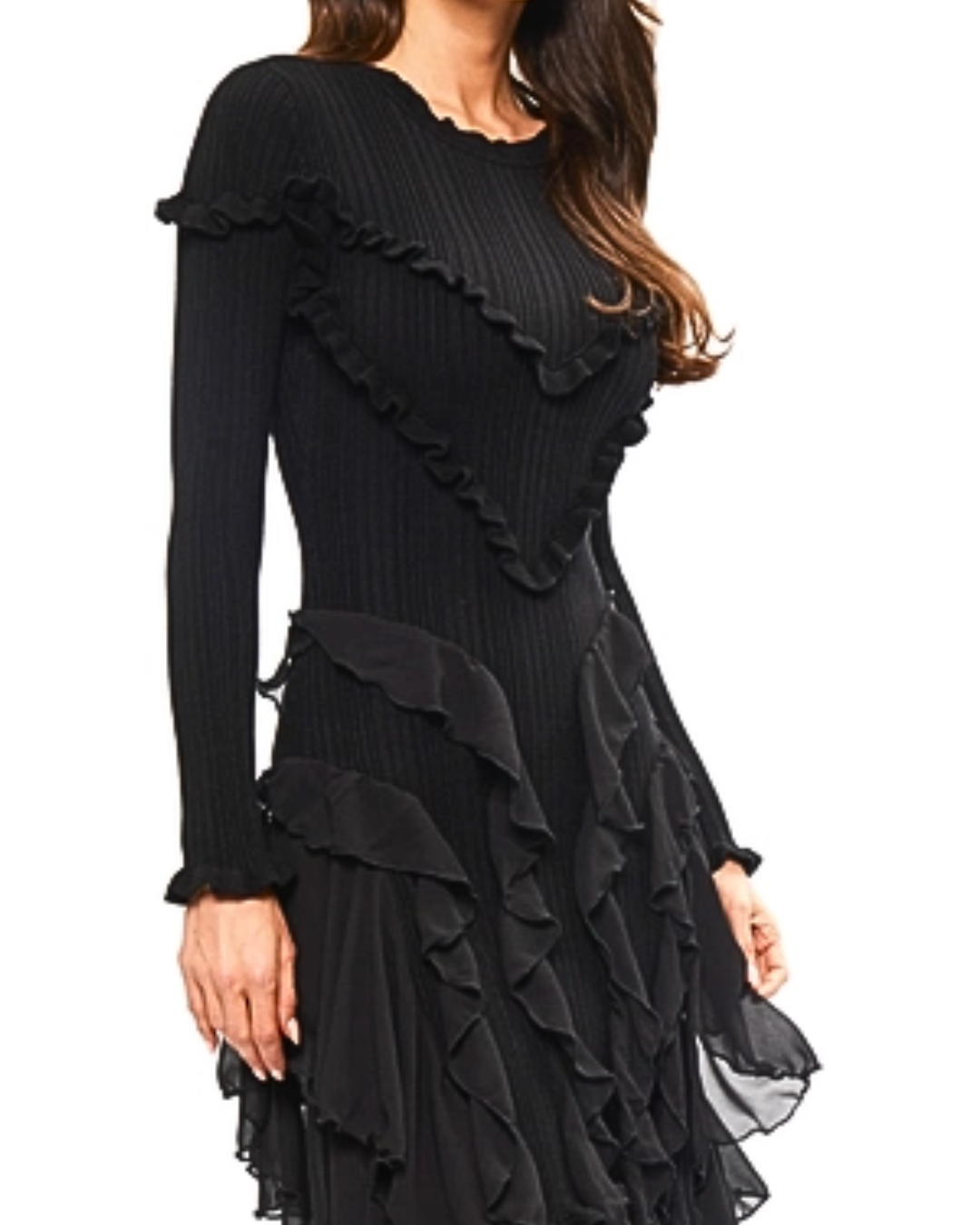 black organza dress, black ruffle dress long sleeve, statement cocktail dress, boutique black evening dress, dramatic ruffle skirt dress, black knit dress with organza, women’s boutique eveningwear, Expressions Boutique NY, Woodbury boutique fashion, black layered ruffle dress, designer inspired black dress, chic cocktail party dress