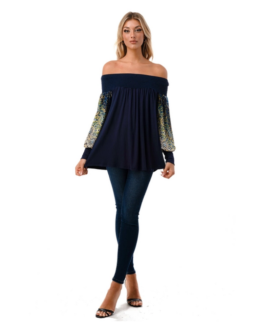Navy/Multi Print Sleeve Off the Shoulder Top